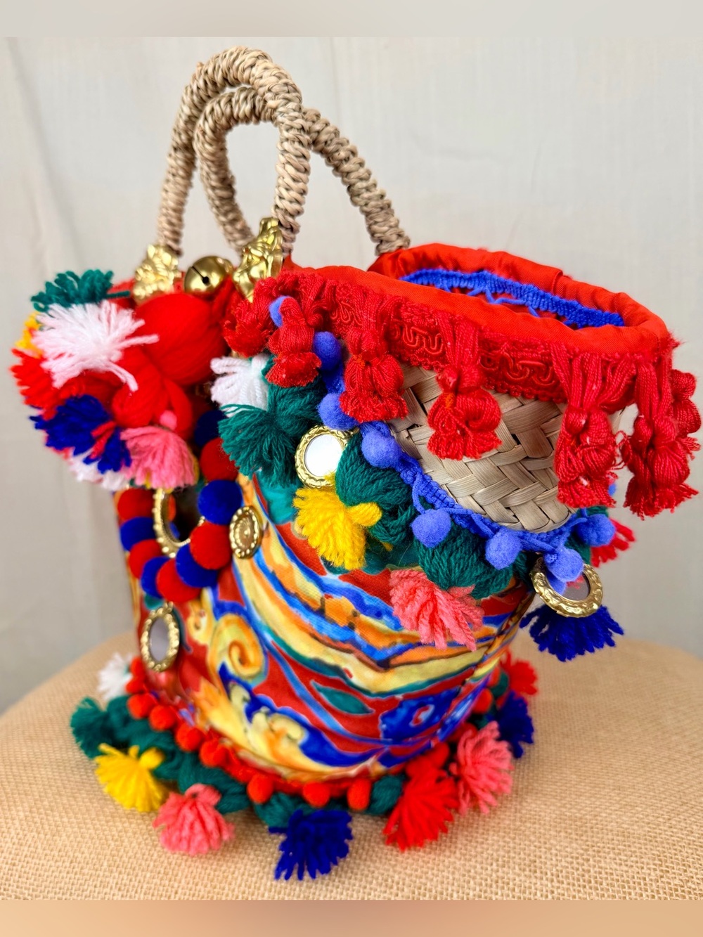 Italy Boho Pom-Pom Hand Made Straw Italian Designer Style Tote Bag Multicolor - Picture 4 of 11